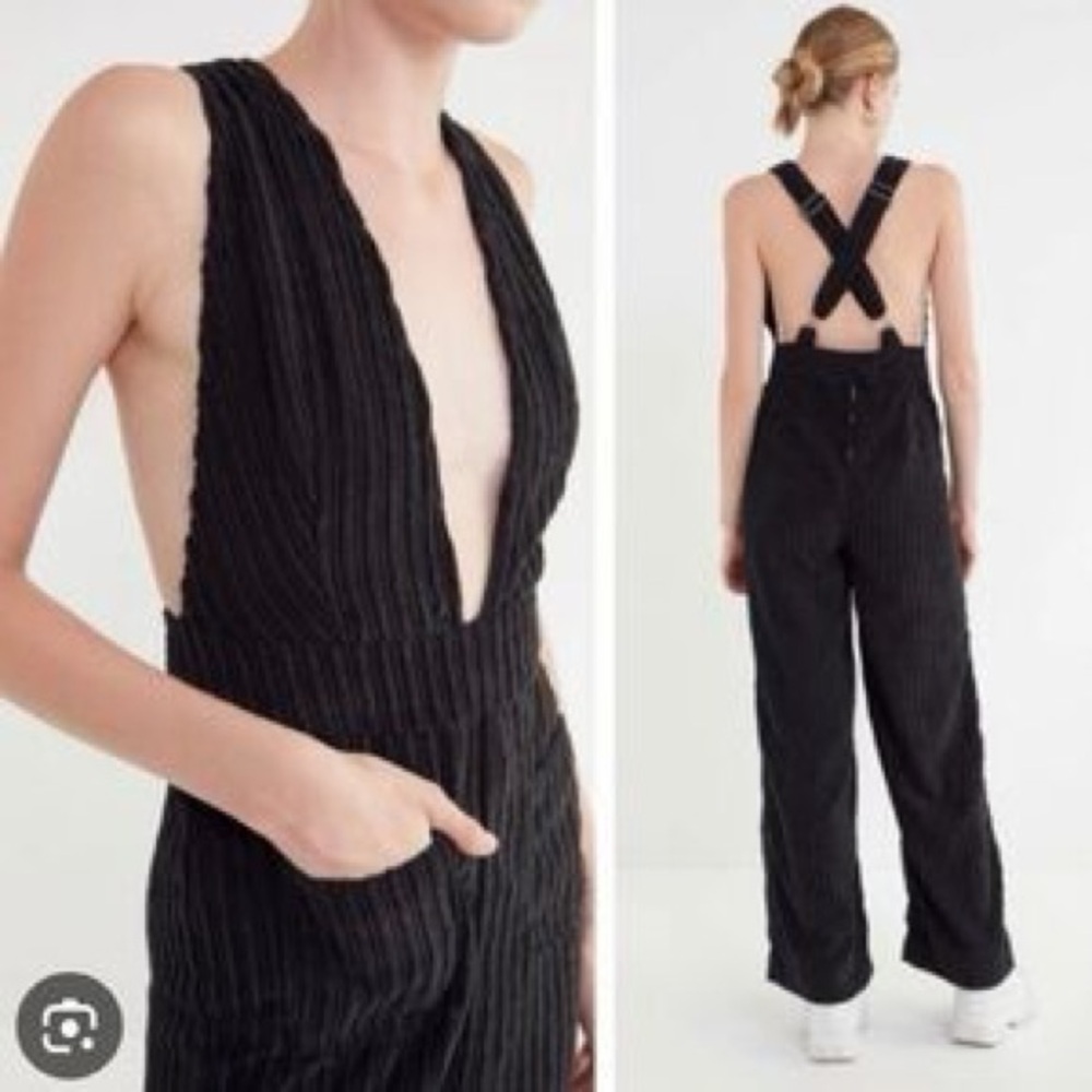 Black Pinstripe Wide-Leg Jumpsuit with Crossback Straps